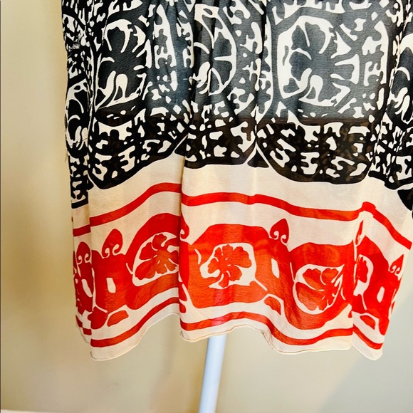 ANNA SUI Black Red Sheer Silk Border Print Lace Up Dress w Flounce. Size XS - Picture 4 of 10